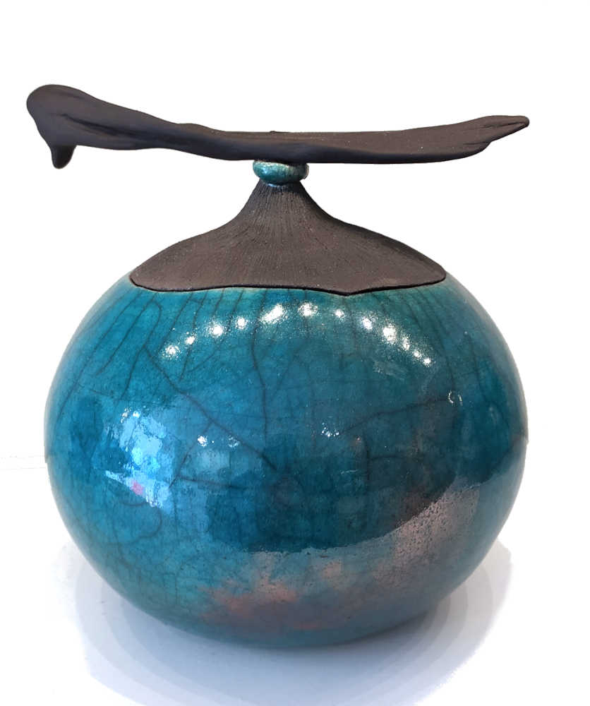 Vase volcan en céramique raku turquoise