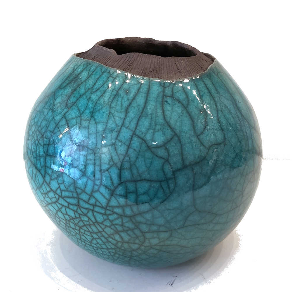 Vase volcan en céramique raku turquoise